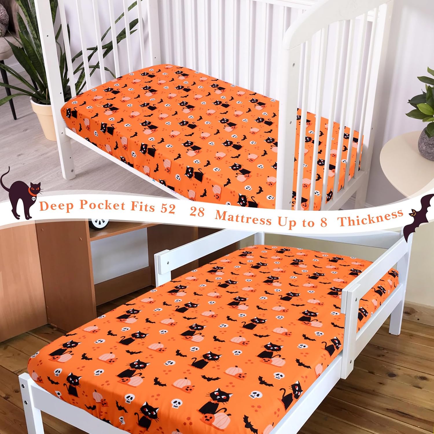 Cloele Halloween Crib Sheet,Pumpkins Cats,Baby Nursery Sheet,52x28in