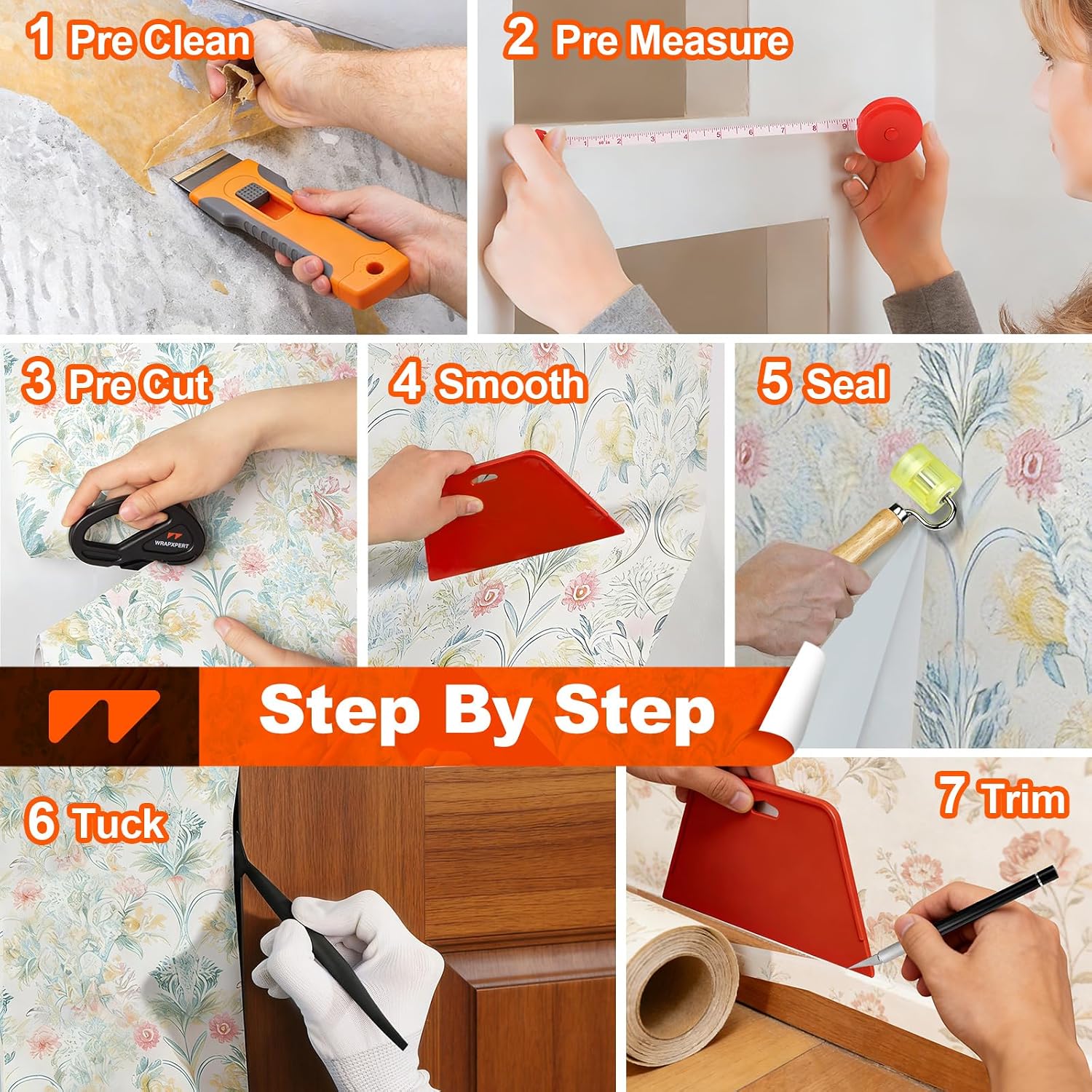 WRAPXPERT Wallpaper Tools, Smoothing Tool Kit for Peel and Stick Wallpaper/Contact Paper/Vinyl Backsplash Applying, with Squeegee Smoother, Seam Roller, Razor Scraper, Knife and Blades