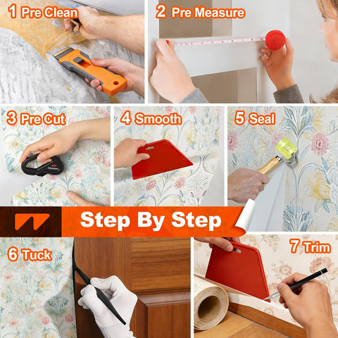 WRAPXPERT Wallpaper Tools, Smoothing Tool Kit for Peel and Stick Wallpaper/Contact Paper/Vinyl Backsplash Applying, with Squeegee Smoother, Seam Roller, Razor Scraper, Knife and Blades