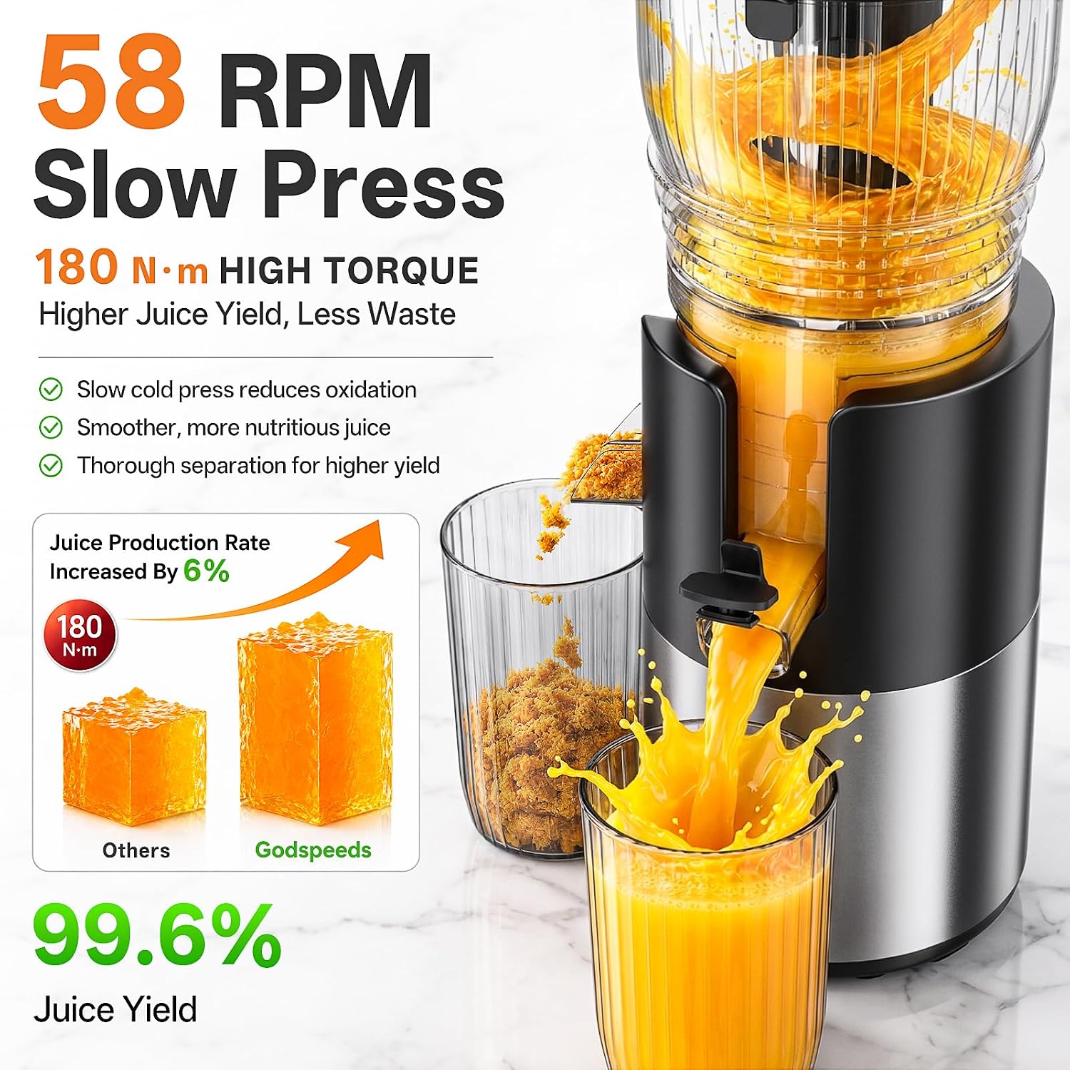 Godspeeds 6-inch Chute Cold Press Juicer Machine