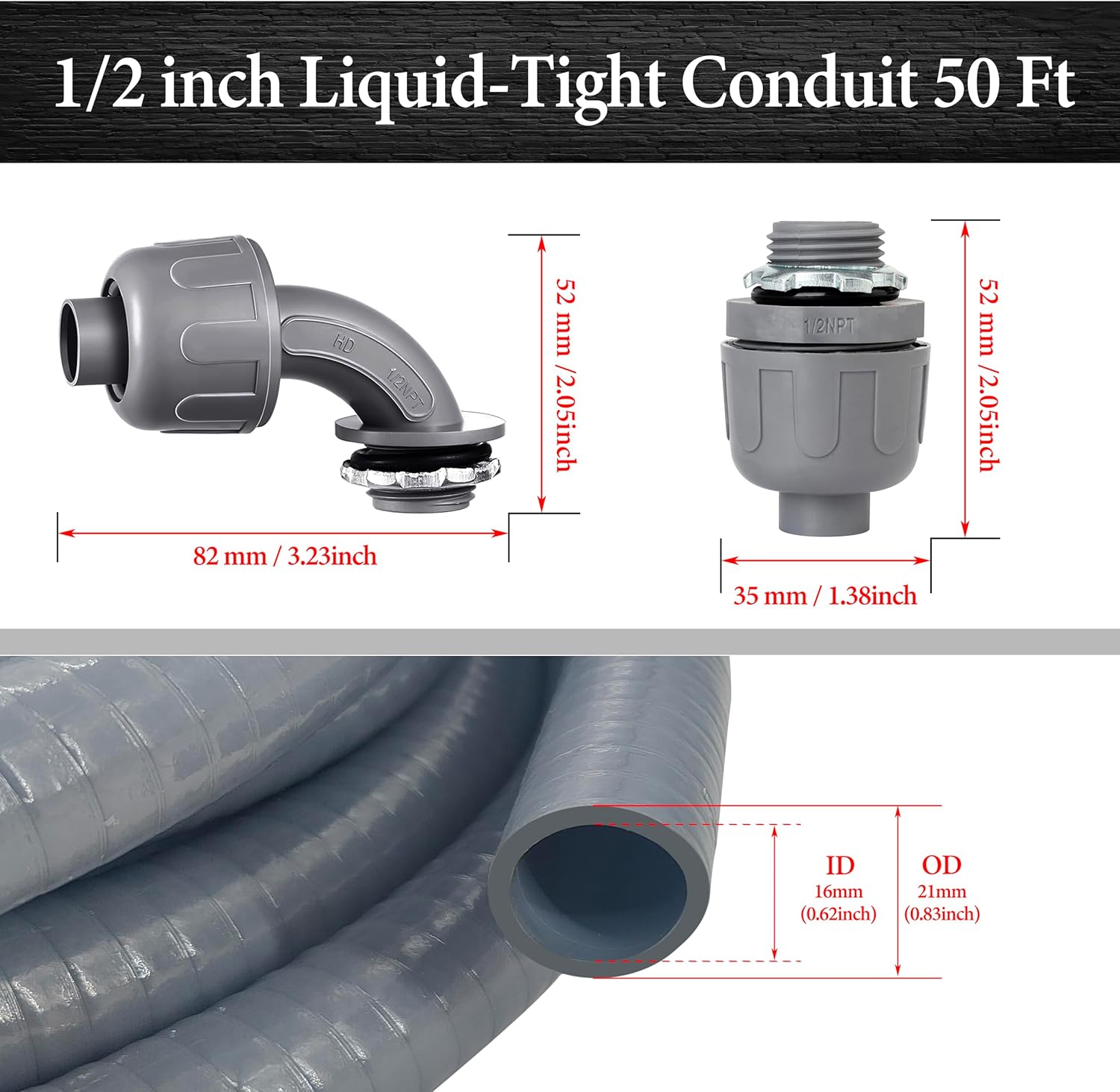 50 Foot Liquid-Tight Conduit Kit - 1/2inch Flexible Non Metallic Liquid Tight Electrical Conduit and 5 Straight and 4 Angle Fittings Included. 1/2" Dia