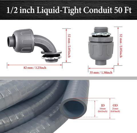 50 Foot Liquid-Tight Conduit Kit - 1/2inch Flexible Non Metallic Liquid Tight Electrical Conduit and 5 Straight and 4 Angle Fittings Included. 1/2" Dia