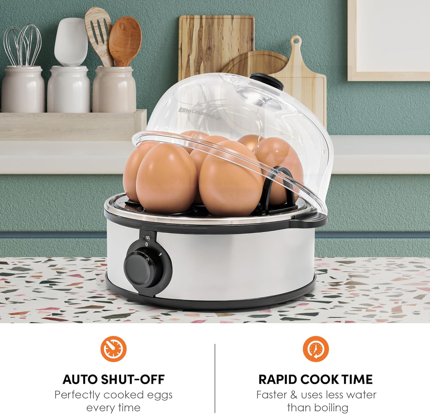 Elite Gourmet EGC724SS Egg Boiler Cooker, 7-Egg Poacher/Omelet Maker, Steel