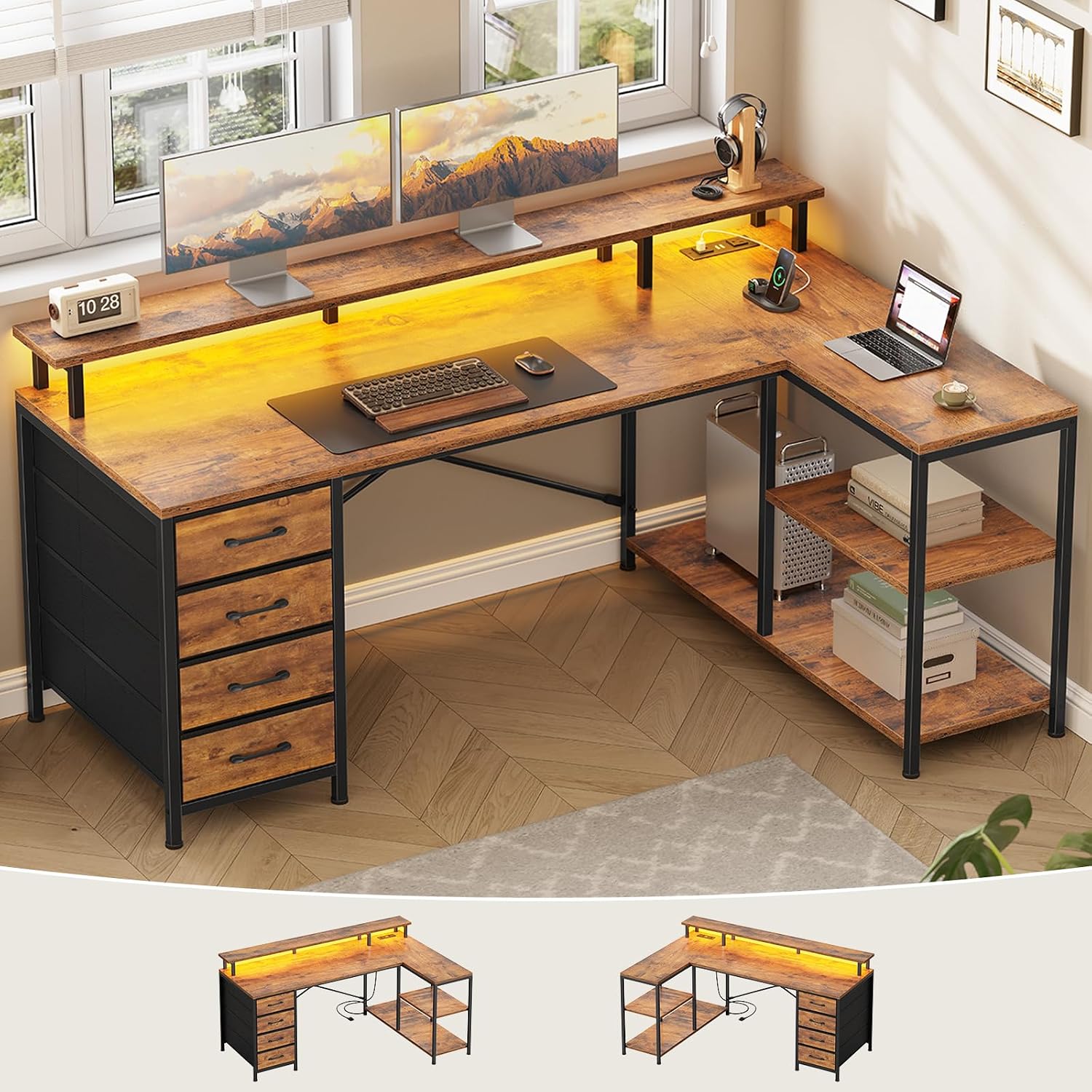 SEDETA L Shaped Desk with 4 Drawers, Shelves, Power Outlets, Rustic Brown