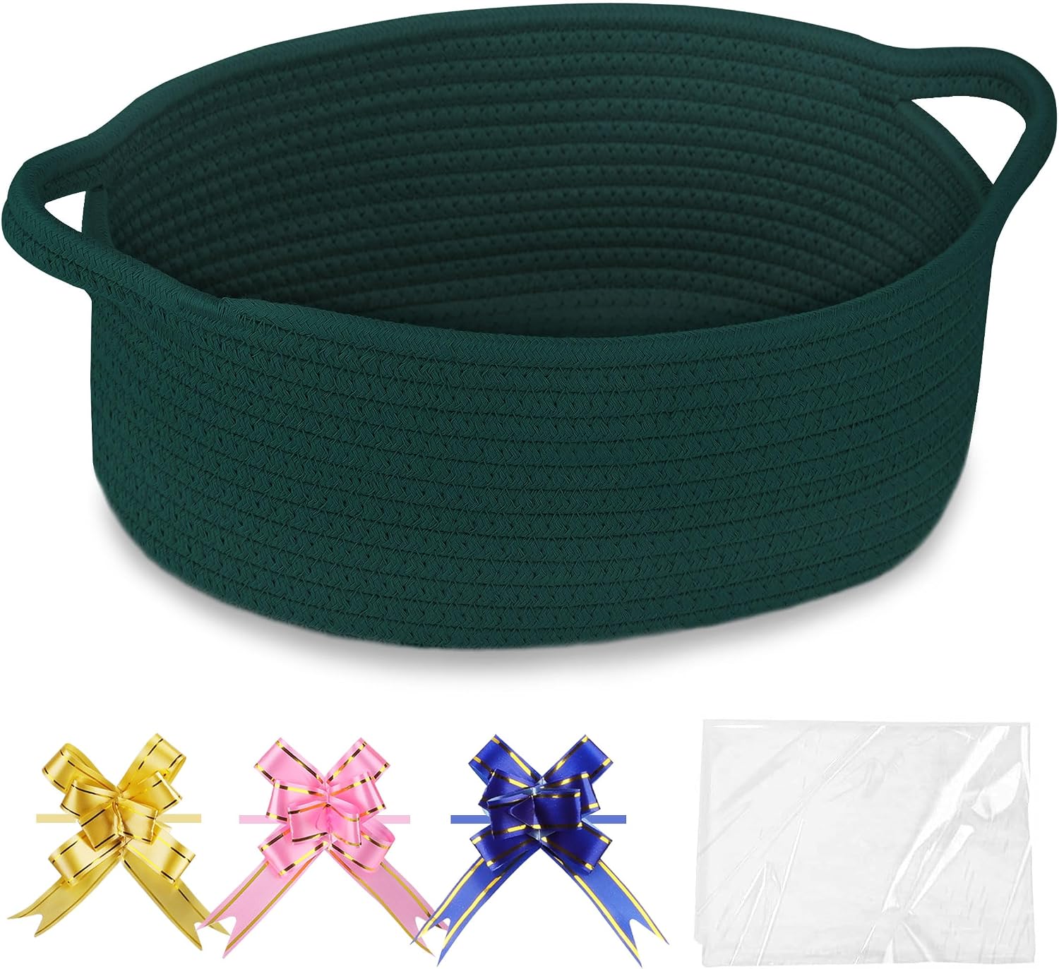 COMSE Empty Small Gift Basket with Bag & Ribbons, Dark Green