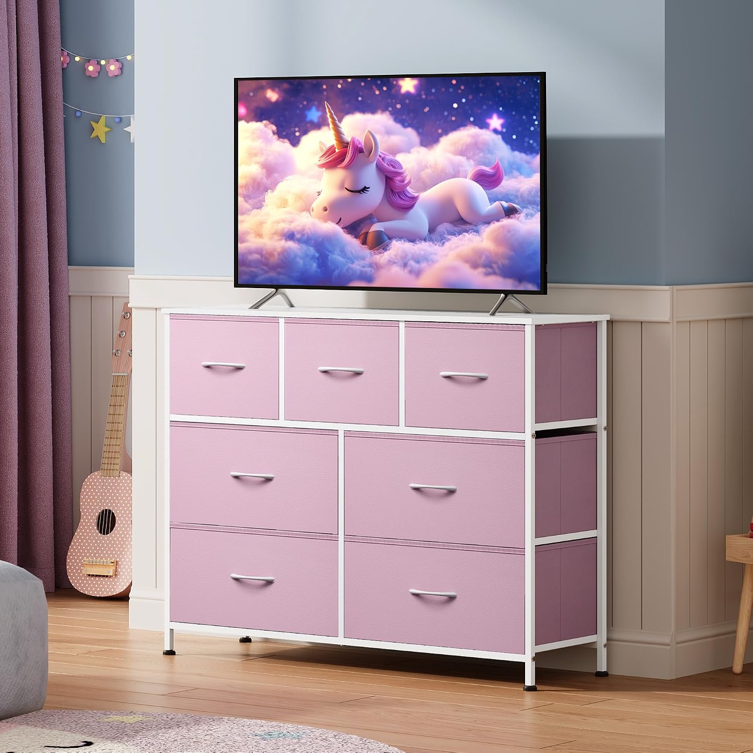 WLIVE Dresser for Bedroom, 7 Drawers, TV Stand, A-Pink