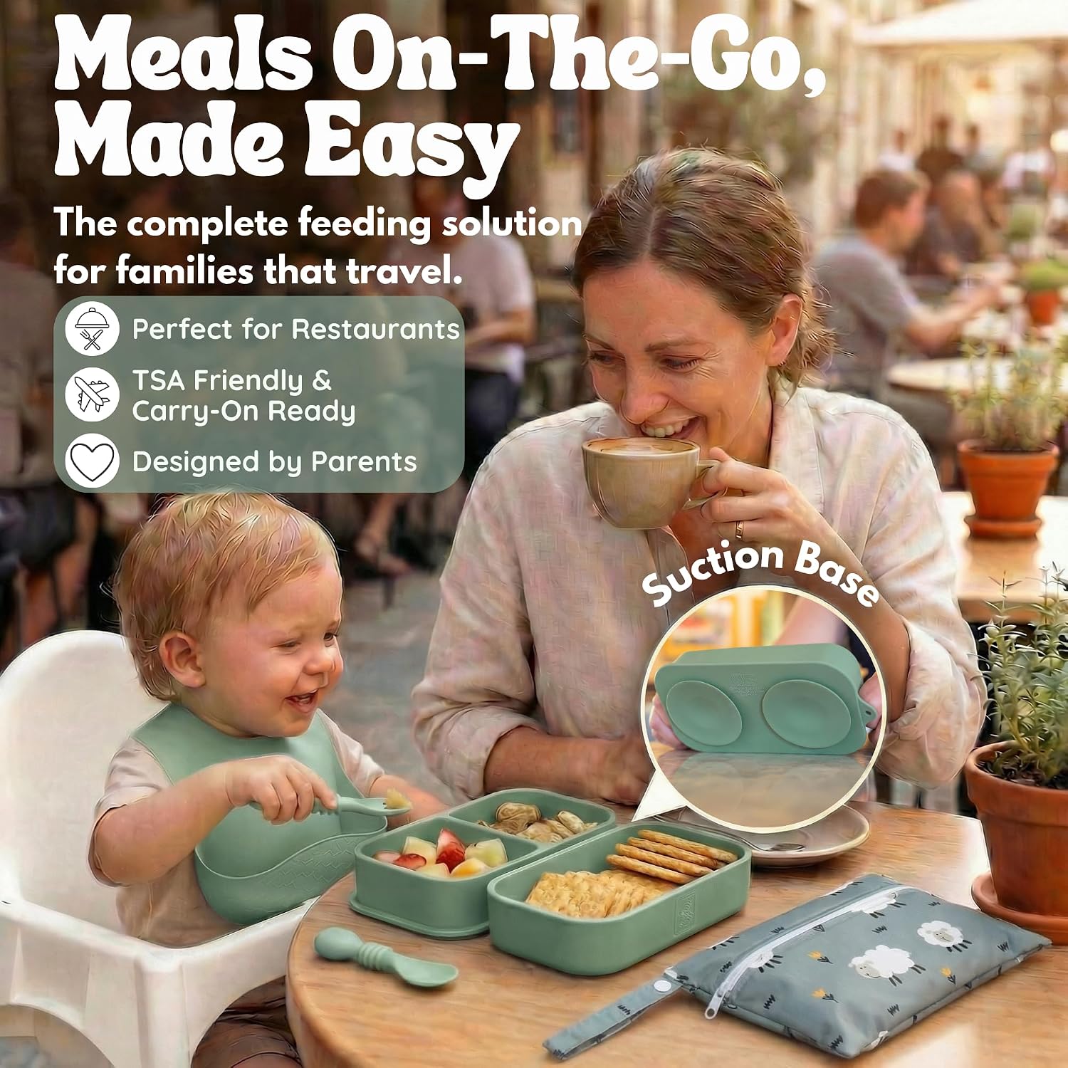 Baby Travel Feeding Set with Silicone Suction Plates, Green Small