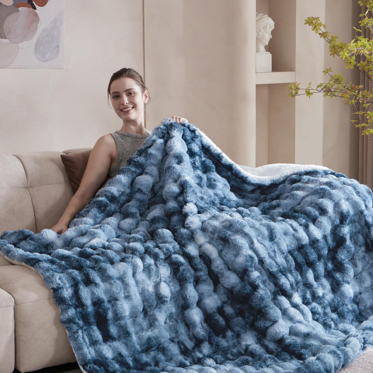 60"x80" Ultra-Soft Fuzzy Faux Fur Twin Blanket, Dark Blue Tie Dye