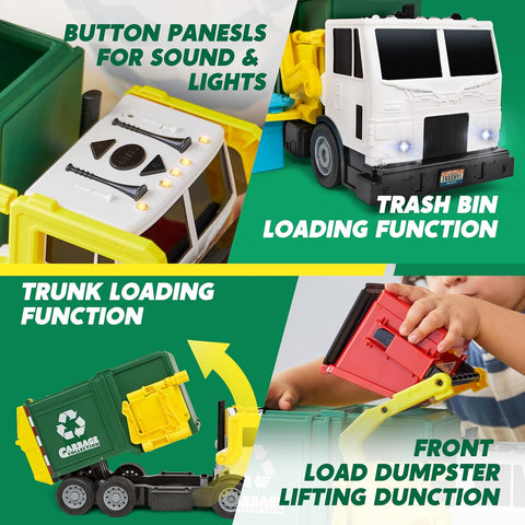 JOYIN Large Friction Powered Garbage Truck Toy Set, Includes 1 Dumpster, 3 Trash Bins, and 30 Learning Cards for Kids, Boy Toys Birthday Gift, Green