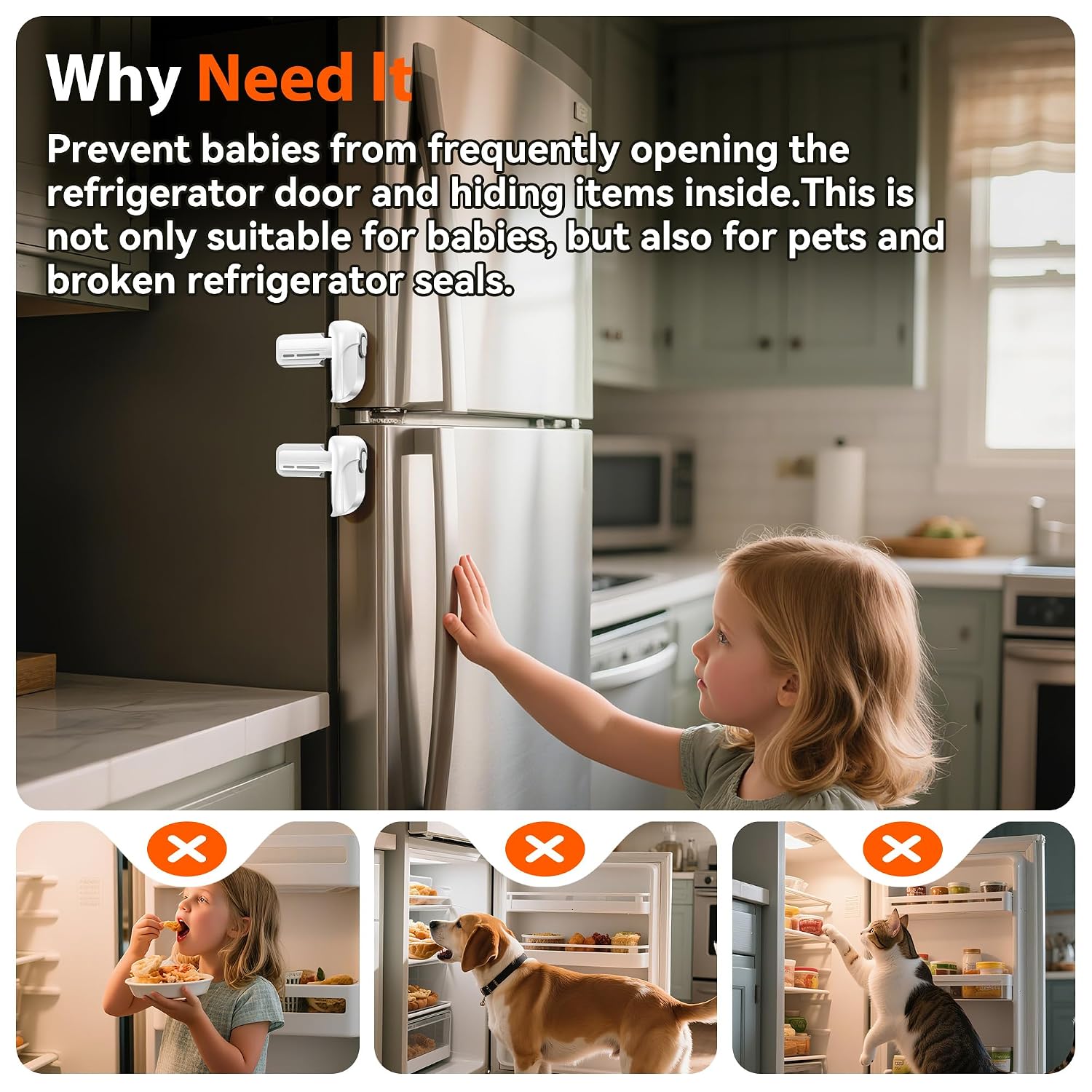 2 Pack Fridge Locks, Refrigerator Door Lock for Kids Baby Safety, Durable ABS Child Proof Freezer Latch to Keep Door Closed, Easy Install Child Lock for Fridge, No Tools Need or Drill
