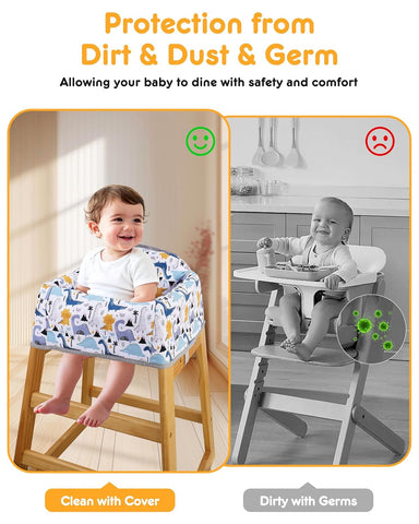 High Chair Cover Portable with 3-Point Harness, Waterproof Baby Seat Cover for Restaurant Travel Home Use, Machine Washable, Fits Wooden Chairs (Colorful Dinosaurs)