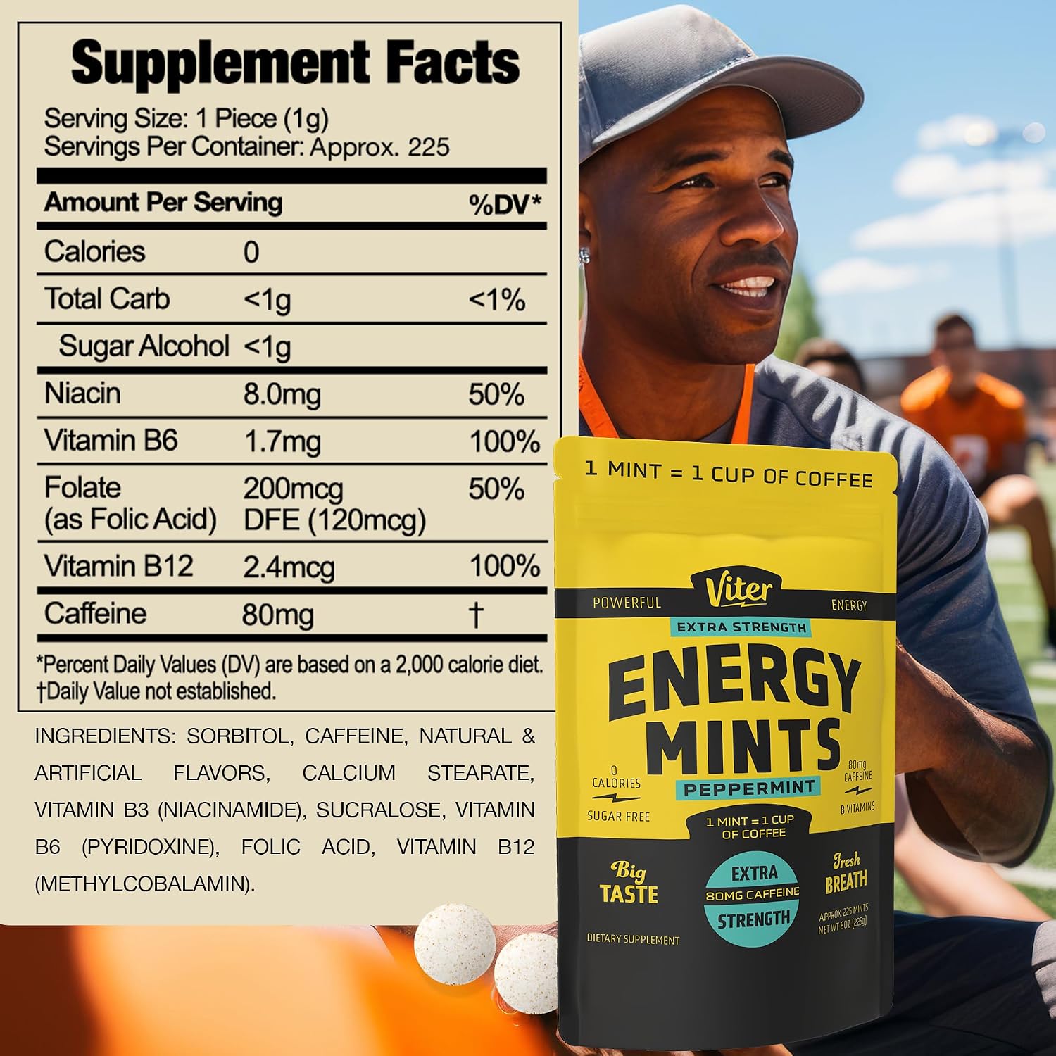 Viter Energy Extra Strength Caffeine Mints 80mg, Peppermint, 8oz Bulk Bag