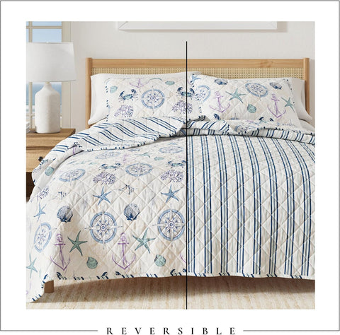Great Bay Home Coastal Quilt Set - 3-Piece Full/Queen Size Blue Nautical Bedding Set - Lightweight, All-Season, Reversible Bedspread (Nautical Motif)
