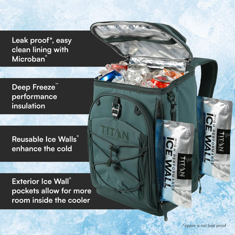 Titan Deep Freeze Ice Wall Backpack Cooler 30 Can Cooler Bag with Ice Packs