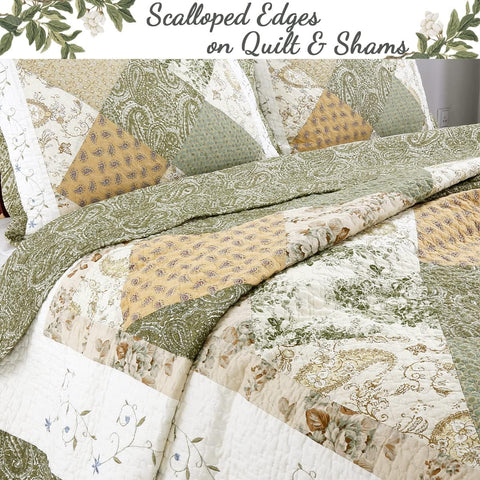 Cozy Line Home Fashions Floral Real Patchwork Green Beige Khaki Yellow Scalloped Edge Country 100% Cotton Quilt Bedding Set, Reversible Coverlet Bedspread (Laura, King - 3 piece)