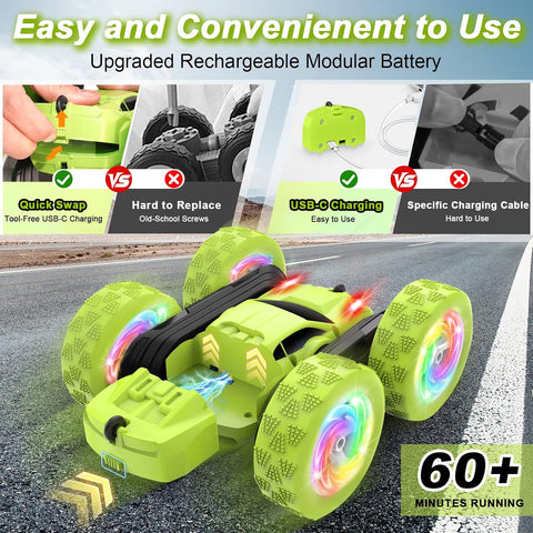 Remote Control Car, Stunt RC Cars, 2.4GHz Double Sided 360° Flips RC Crawler, Outdoor Toys for Kids Ages 4-8, Upgraded USB-C Modular Battery, 5 6 7 8 9 10 +Year Old Boys Birthday Gifts Green