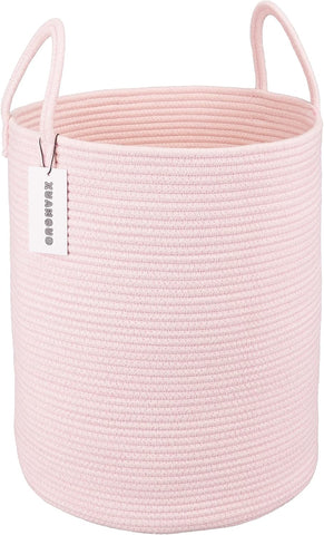XUANGUO Cotton Rope Laundry Basket Hamper for Girls Kids Baby Nursery Pink