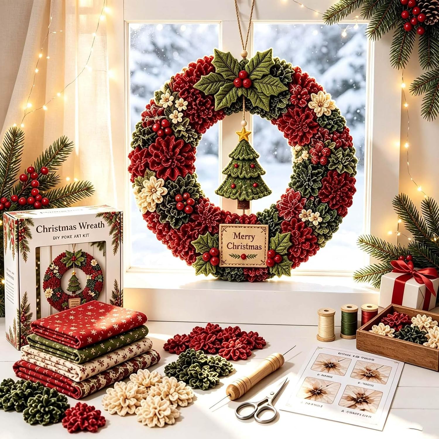 Christmas Wreath Making Kit for Adults 3D Fabric Poke Art Kit No Sew Beginner Craft Project Handmade Hanging Decoration for Front Door Wall Entryway and Home (Tree)