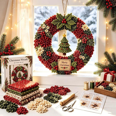 Christmas Wreath Making Kit for Adults 3D Fabric Poke Art Kit No Sew Beginner Craft Project Handmade Hanging Decoration for Front Door Wall Entryway and Home (Tree)