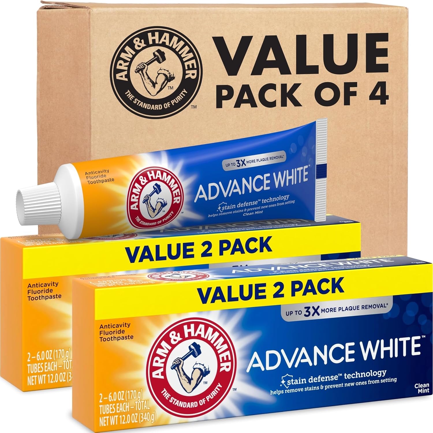ARM & HAMMER Advance White Toothpaste, Clean Mint, 6.0 oz, 4-Pack