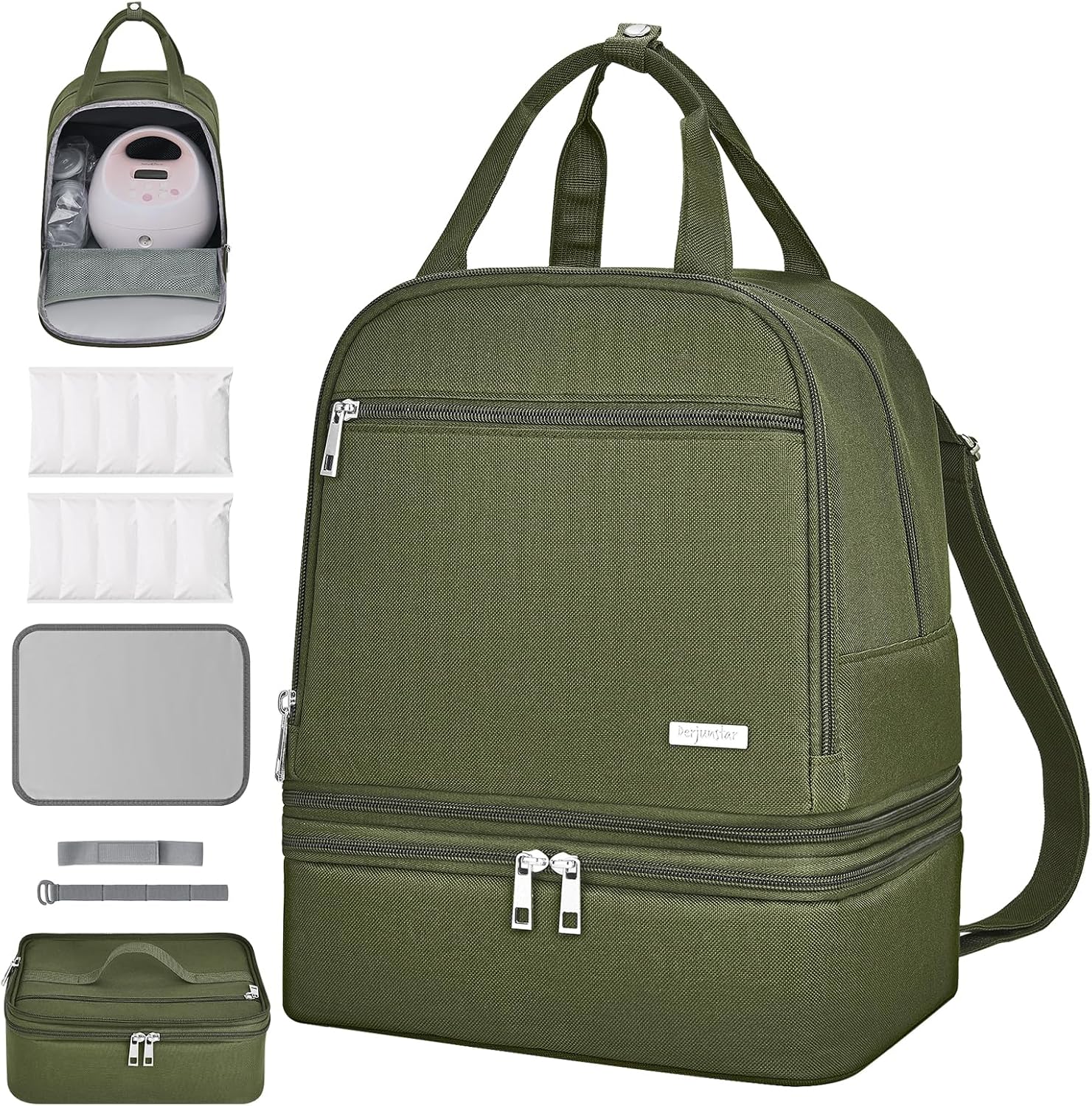 Derbiedersinn Breast Pump Bag, Compatible with Spectra Pumps, Insulated Carrying Case with Cooler for Milk Storage, Travel, Work, Daycare，Green