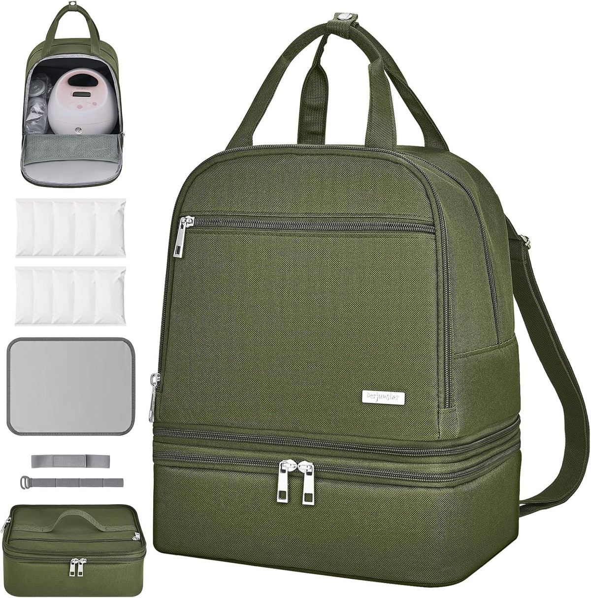 Derbiedersinn Breast Pump Bag, Compatible with Spectra Pumps, Insulated Carrying Case with Cooler for Milk Storage, Travel, Work, Daycare，Green