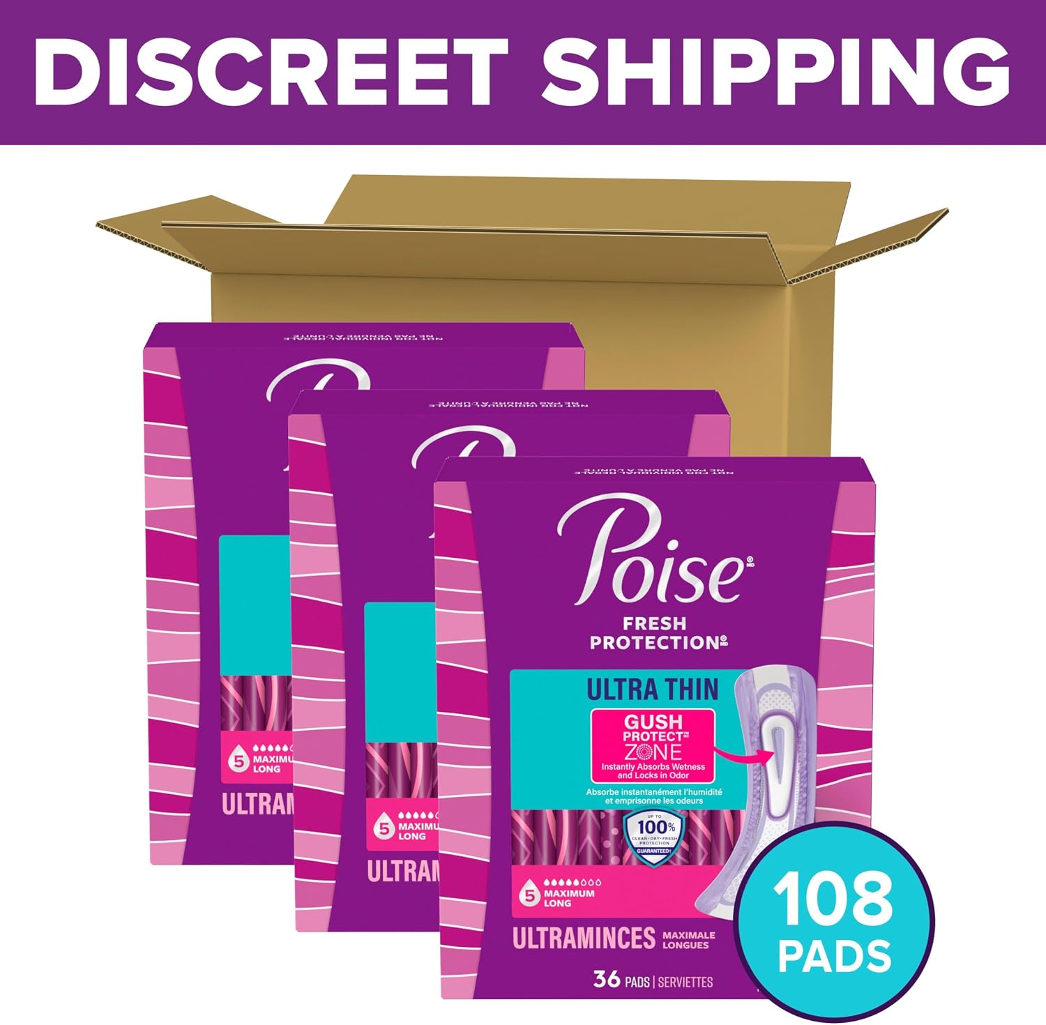 Poise Ultra Thin Incontinence & Postpartum Pads for Bladder Leaks, 5 Drop Maximum Absorbency, Long Length, 108 Count (Packaging May Vary)