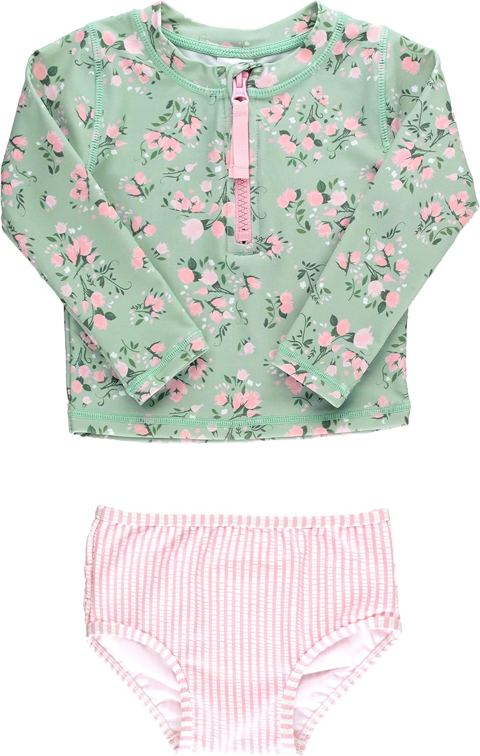 RuffleButts Girls Zipper Long Sleeve - Rash Guard 2-Piece Swimsuit UPF 50+