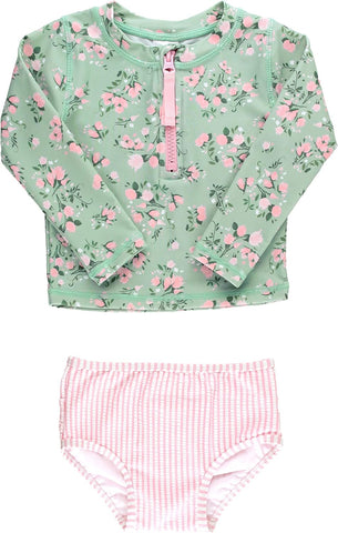 RuffleButts Girls Zipper Long Sleeve - Rash Guard 2-Piece Swimsuit UPF 50+