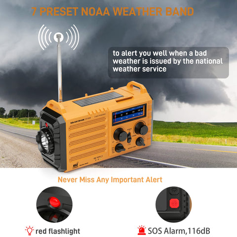 Emergency Radio with NOAA Weather Alert, Portable Solar Hand Crank AM/FM Radio for Survival,Rechargeable Battery Powered Radio,USB Charger,Flashlight,Reading Lamp,for Home Outdoor