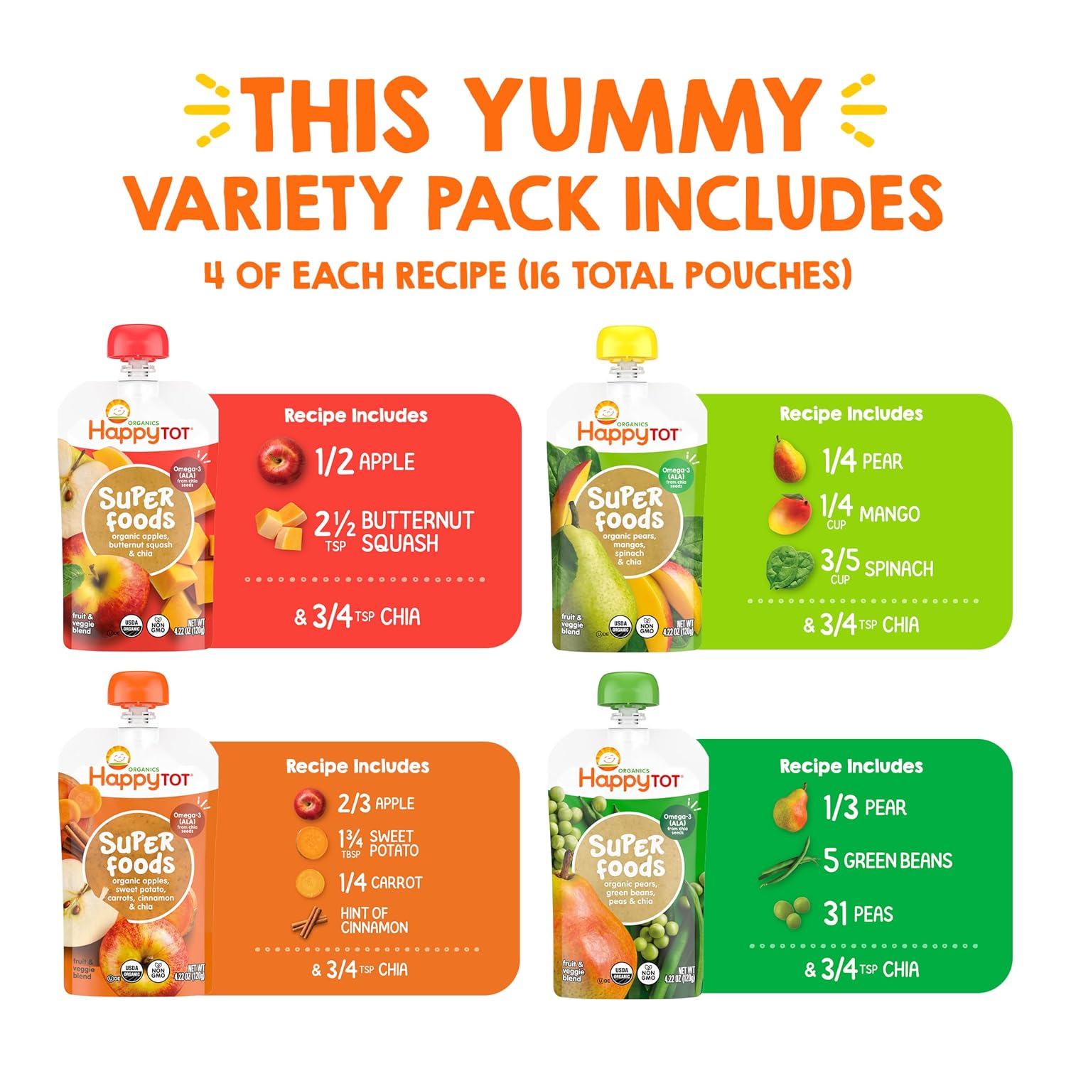 Happy Tot Organics Stage 4 Baby Food Pouches, Gluten Free, Vegan Snack, SuperFoods Fruit & Veggie Puree & Chia Variety Pack, 4.22 Ounce (Pack of 16), Amazon Exclusive