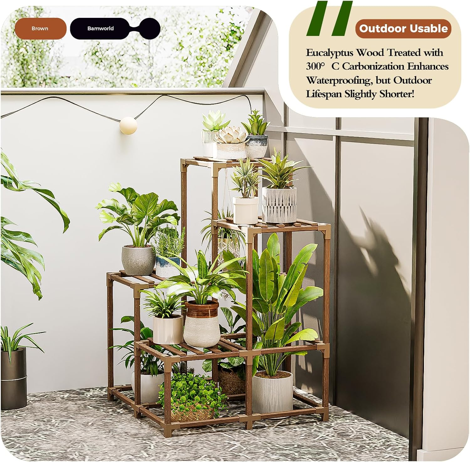 Bamworld Corner Plant Stand Indoor Outdoor Plant Shelf Small Plant Table