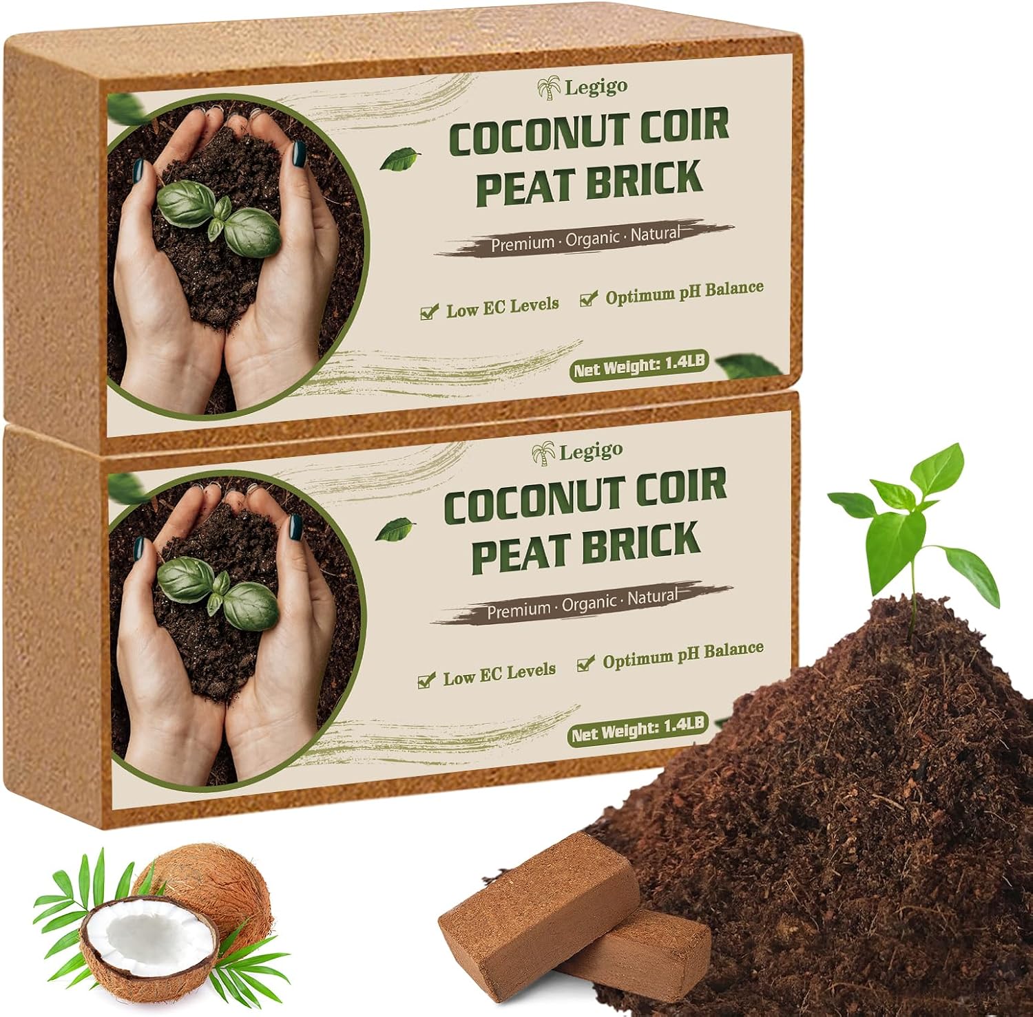 Legigo 2 Pack Coco Coir Bricks for Plants- 100% Organic Coconut Coir Soil
