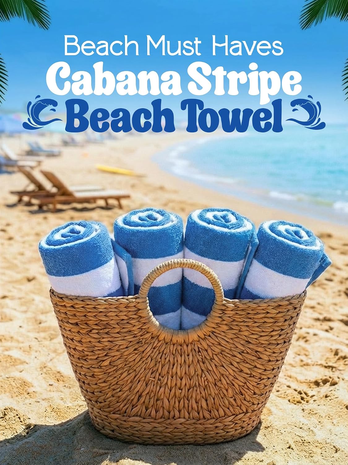 Utopia Towels Cabana Beach Towels, 4 Pack, 30x60 in, Cotton, Striped, Blue