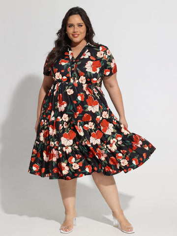 CARCOS Plus Size Dresses for Curvy Women Collared Vneck Short Sleeve Dresses Midi Summer Ruffle Dress with Pocket XL-5XL