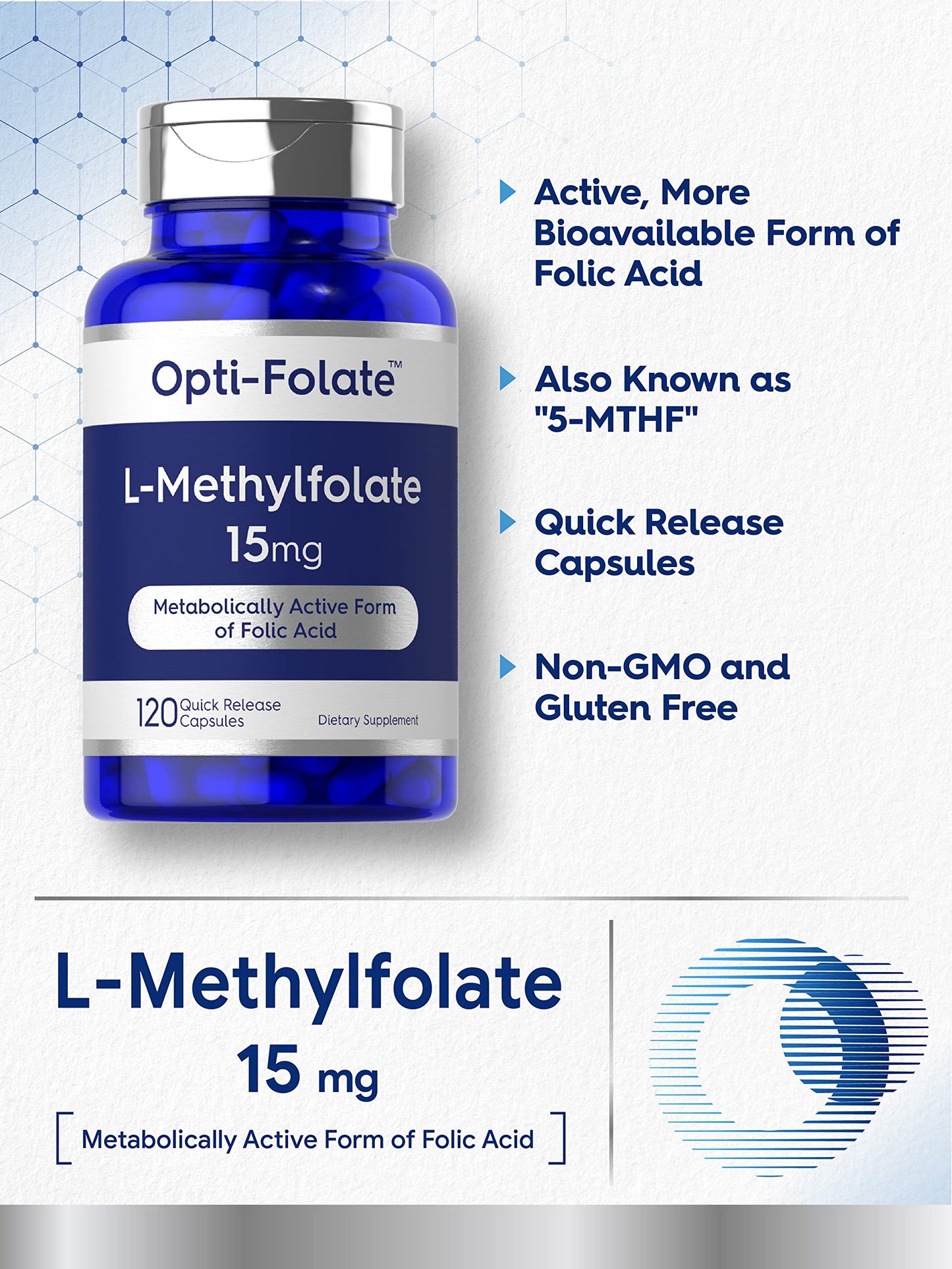 Carlyle L Methylfolate 15mg | 120 Capsules | Value Size | Max Potency | Optimized and Activated | Non-GMO, Gluten Free | Methyl Folate, 5-MTHF | by Opti-Folate