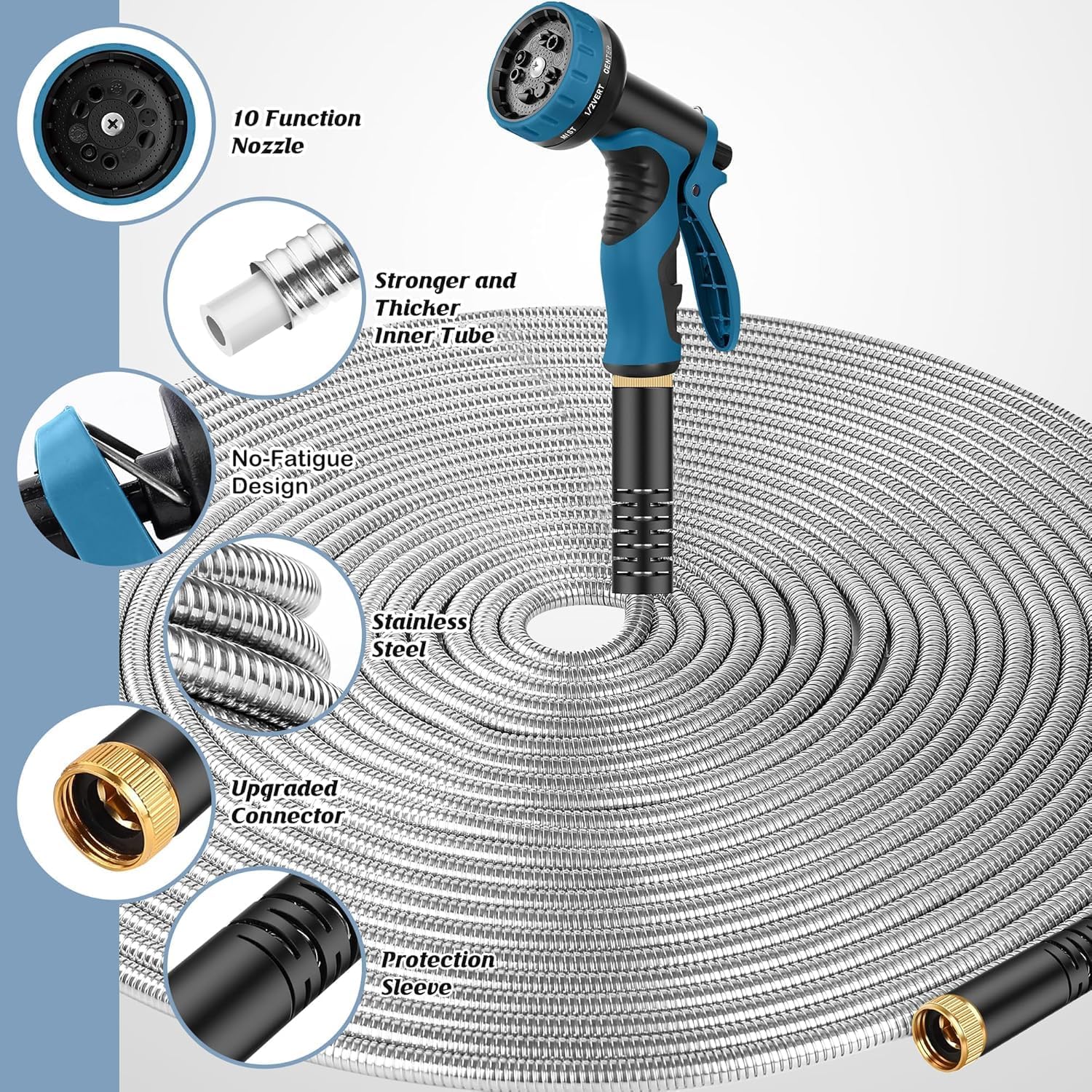 Garden Hose 100ft, Metal Water Hose, Kink-Free, Flexible Stainless Steel Hose, Heavy Duty Abrasion Resistant Leakproof Hose with 10-Function Spray Nozzle for Yard, Lawn, Outdoor, Marine and Camper