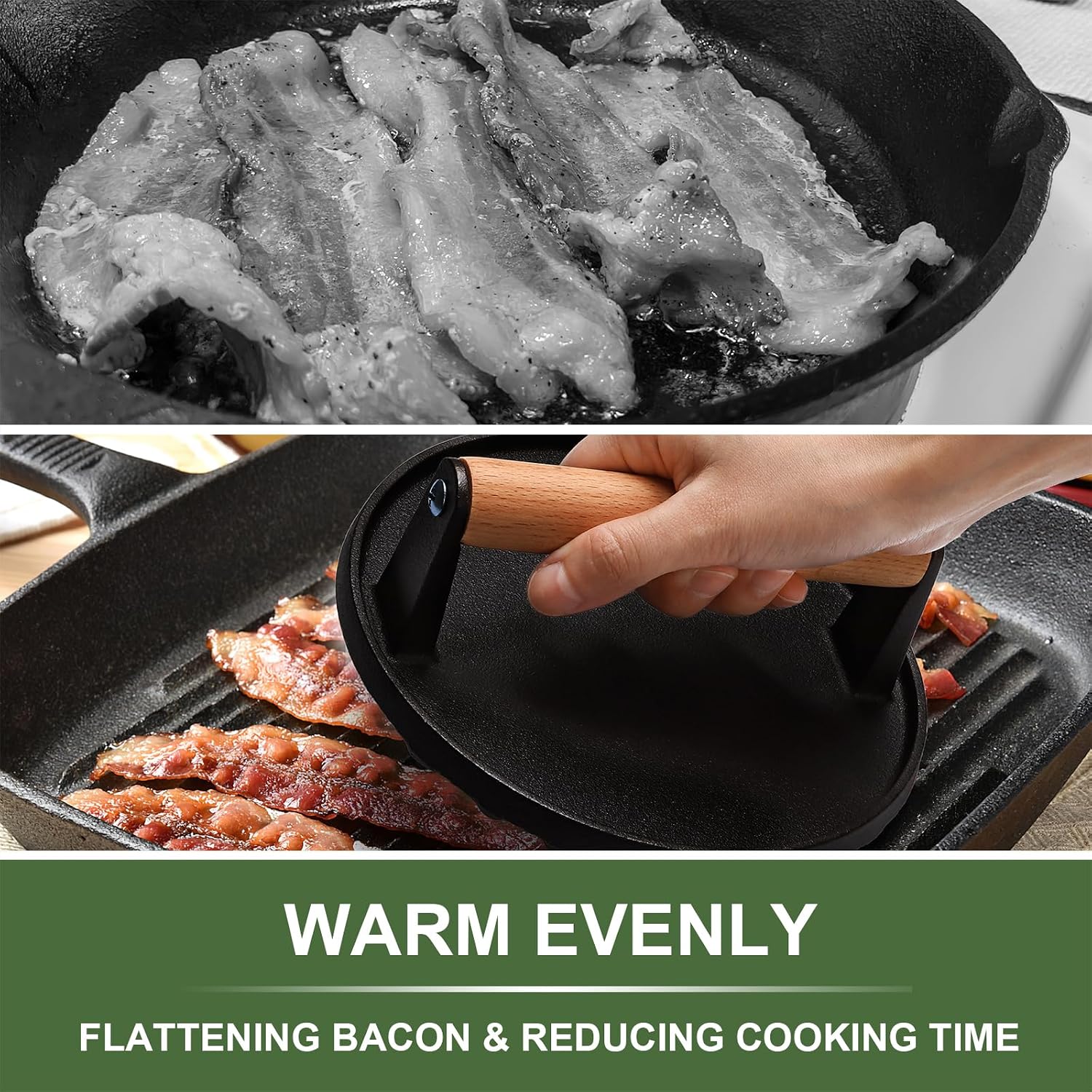 Burger Press, 7" Round & 8.2"X4.3" Rectangle Heavy-Duty Cast Iron Smash Bacon Press Meat Steak With Wood Handle for Griddle, Sandwich, Nonstick Pan