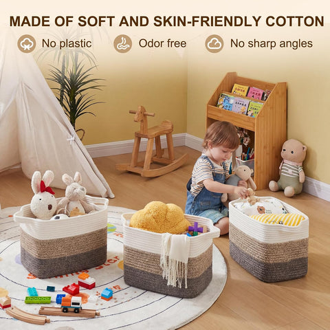 OIAHOMY Cotton Rope Storage Baskets for Organizing Dark Brown 3-Pack