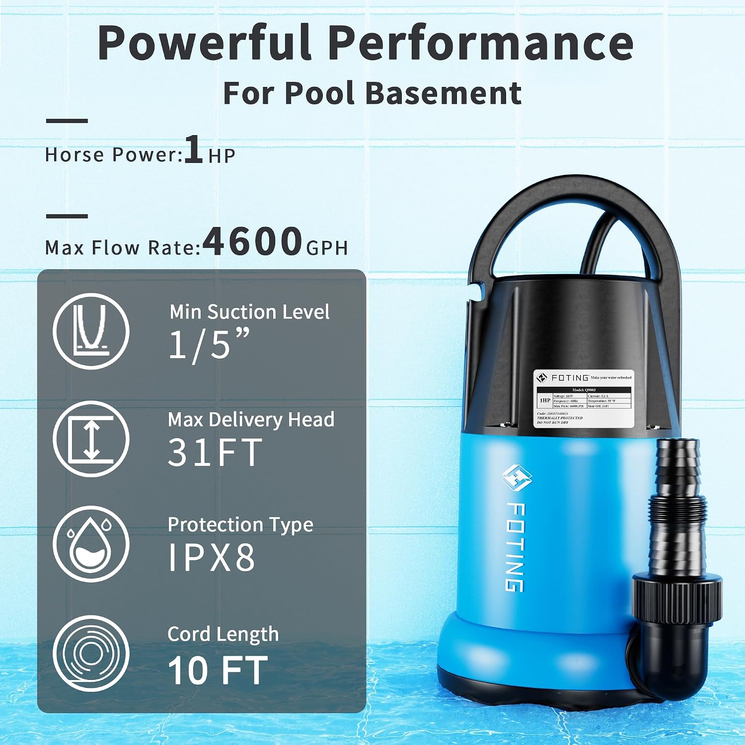 FOTING 1HP Sump Pump 4600GPH Clean/Dirty Submersible Water Pump