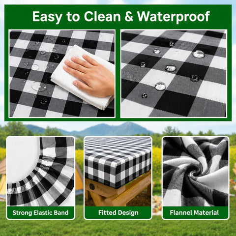 RNOONY Vinyl Fitted Picnic Table Cover with Bench Covers & Bag, 6 FT Outdoor Waterproof & Windproof Durable Tablecloth with Elastic Edges, Camping Essentials, RV Gear, 72x30 Inches - Black Checkered