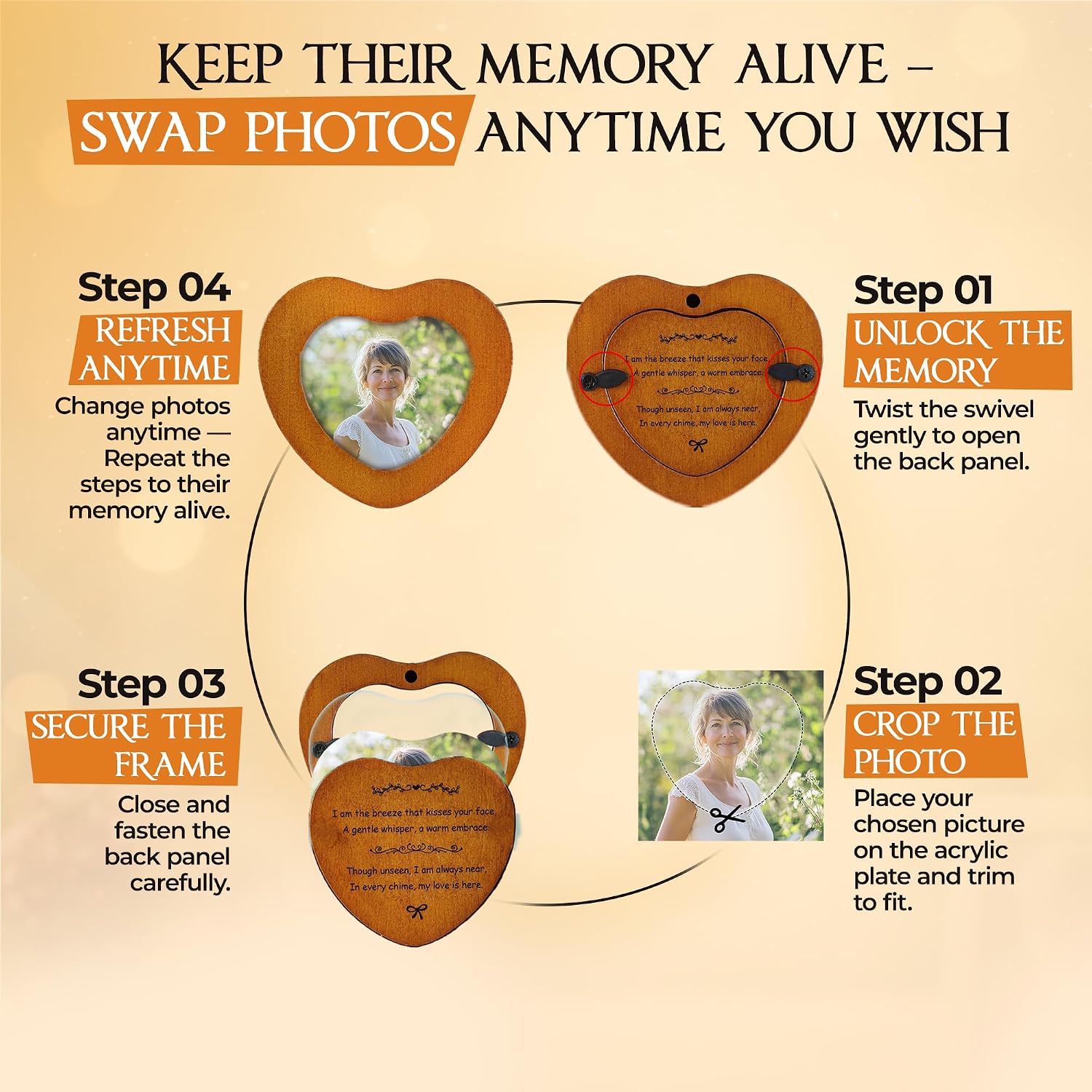 32 inch Golden DIY Photo Insert Memorial Wind Chimes for Loss of Loved One