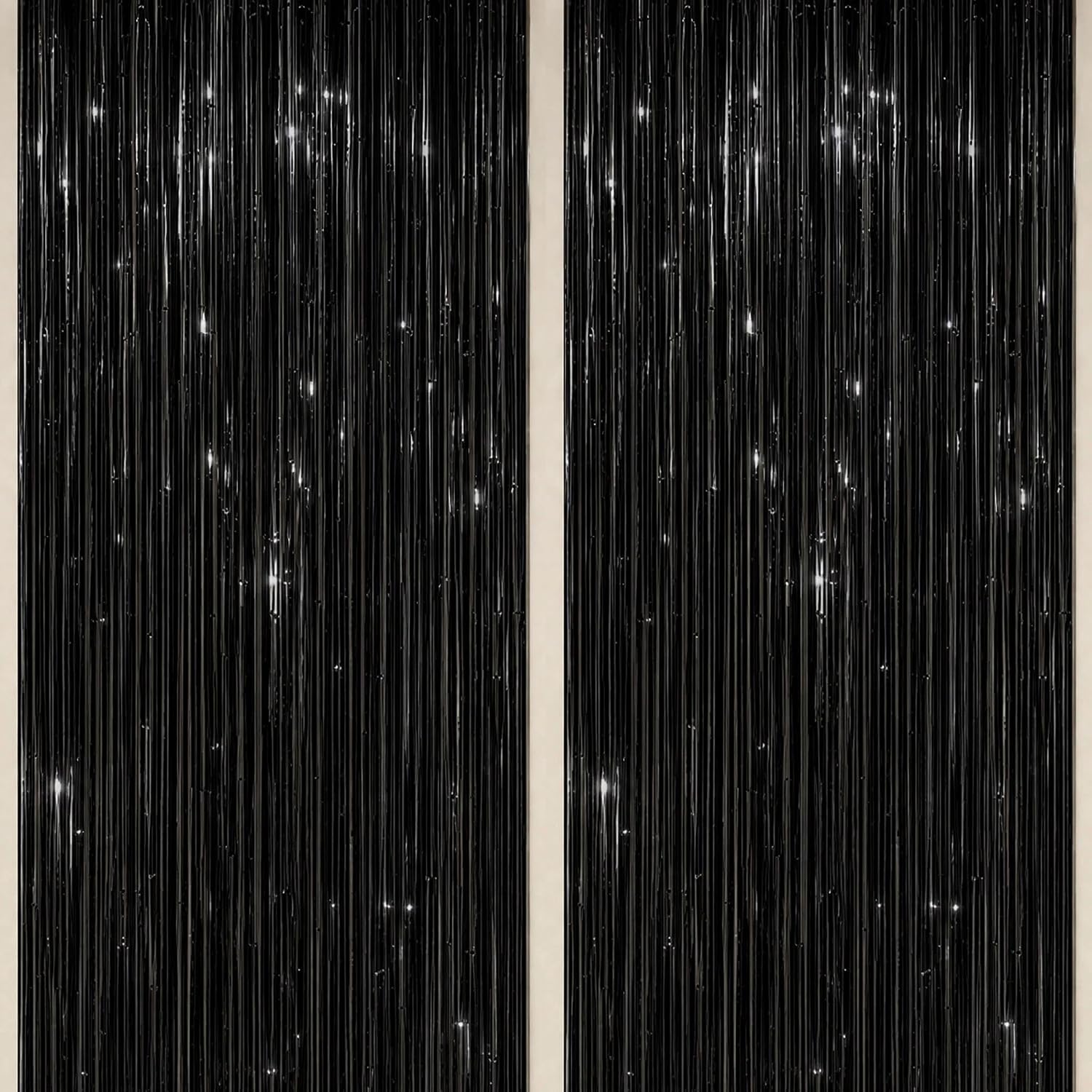 DECOCKRAT 2 Pack Foil Fringe Backdrop - Black Shiny Tinsel Curtains for Party Decoration/Photo Booth Props - 3.3x6.6 FT Metallic Foil Backdrop for Birthday, Wedding, Graduation, Christmas.