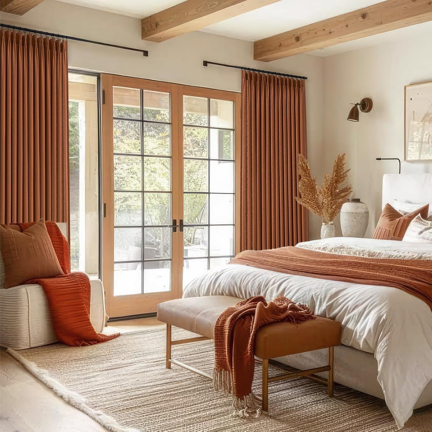 Topfinel Terracotta Pinch Pleated Sheer Curtains Panels for Bedroom,Fall Textured Linen Blended Light Filtering Window Curtains 84 inch for Living Room,Pinch Pleat Drapes with Hooks 2 Panels 40"x84"