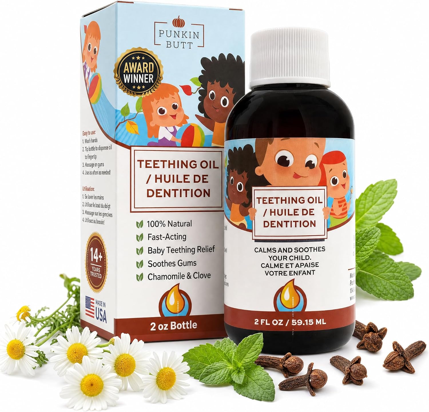 Punkin Butt Teething Oil - 2 oz - 100% Natural, for Babies - Proprietary Blend Includes Chamomile, Sunflower, Peppermint, and Clove - Baby Teething Relief with No Added Chemicals (2 Ounce)