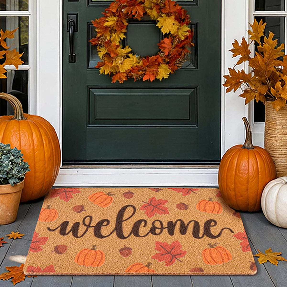 Fall Welcome Door Mat for Front Door, Pumpkin & Maple Leaves Doormat Design