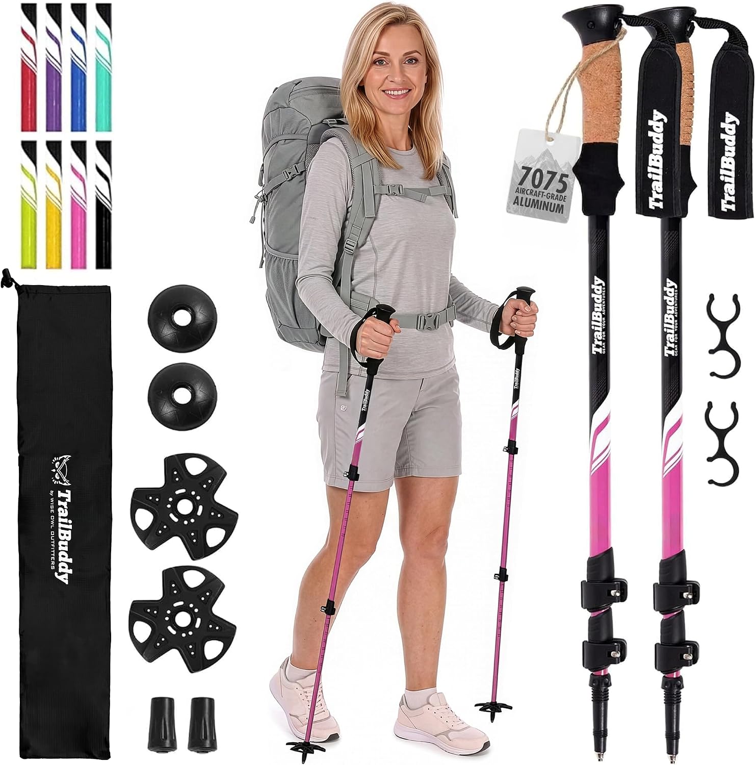 TrailBuddy Trekking Poles – Lightweight 7075 Aluminum Hiking Poles for Women, Men & Seniors – Collapsible Walking Sticks for Travel, Trails & Balance