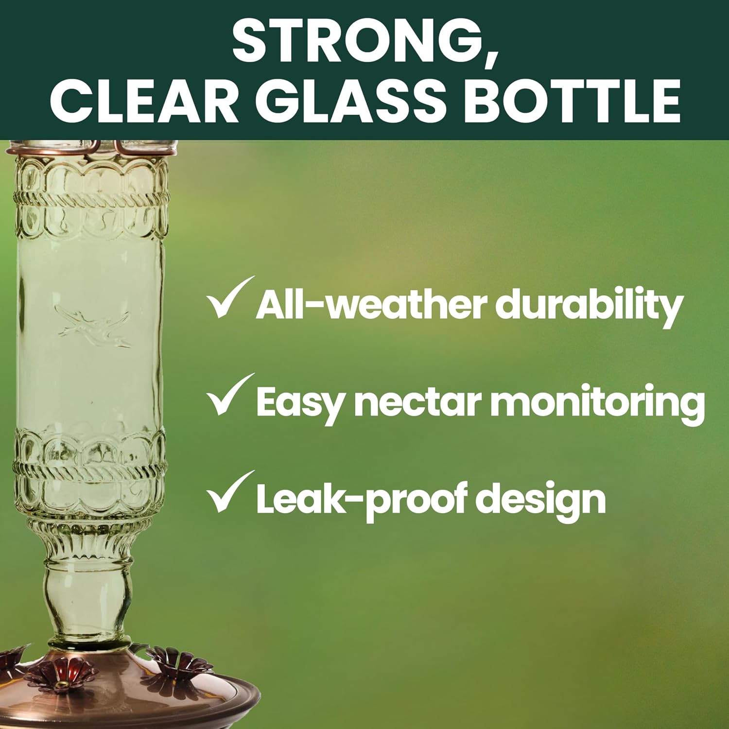 Perky-Pet Antique Glass Bottle Hummingbird Feeder - Outdoor Garden Décor Hummingbird Feeder - 8107-1SR - 10 Fl Oz Nectar Capacity - Durable Humming bird Feeder for Backyards, Porches, Decks, Hooks