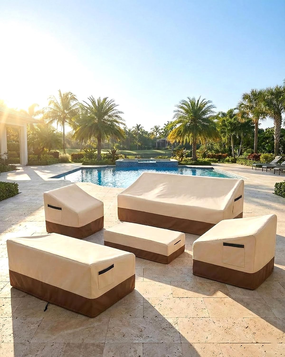 Outdoor Patio Chair Covers, Heavy Duty Waterproof 600D Oxford Furniture Protection, 35x37x36 Inches, 2-Pack, Beige and Brown