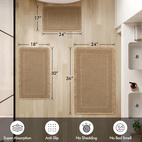 MIULEE Set of 2 Waffle Bathroom Rugs Bordered Mat Brown 17"x24"+18"x30"